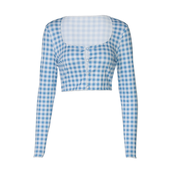 Dame cropped langærmet bluse med ternet mønster Skovae