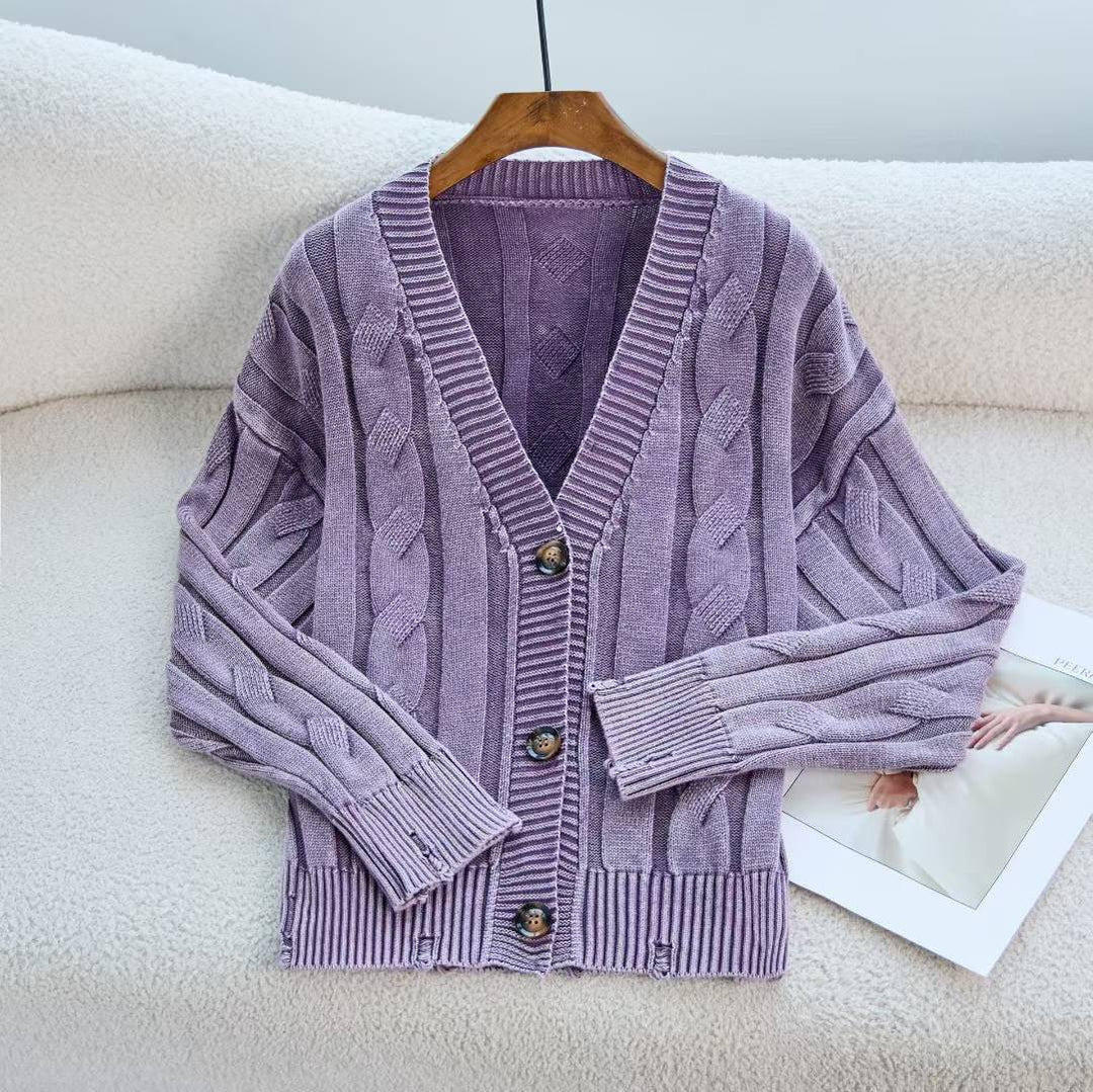 Dame chunky strik cardigan med V-hals og dekorative knapper Stilla
