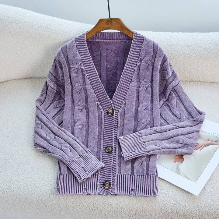 Dame chunky strik cardigan med V-hals og dekorative knapper Stilla