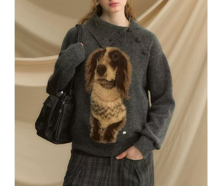 Dame strikket sweater med dyremotiv og høj krave Stilla