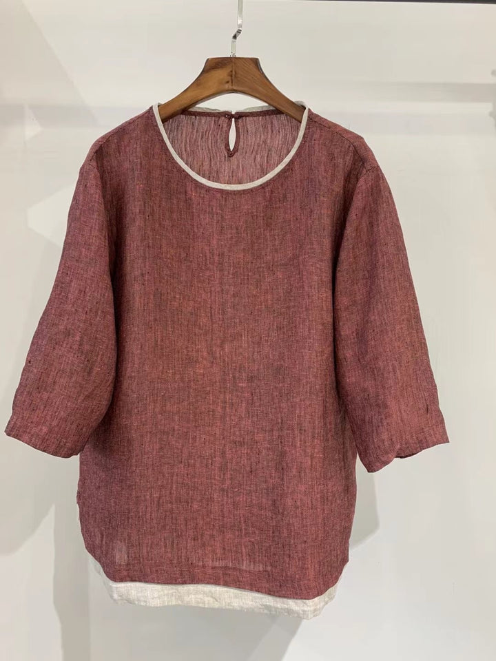 Femme Elegante Linned blouse med trekvartærmer Stilla
