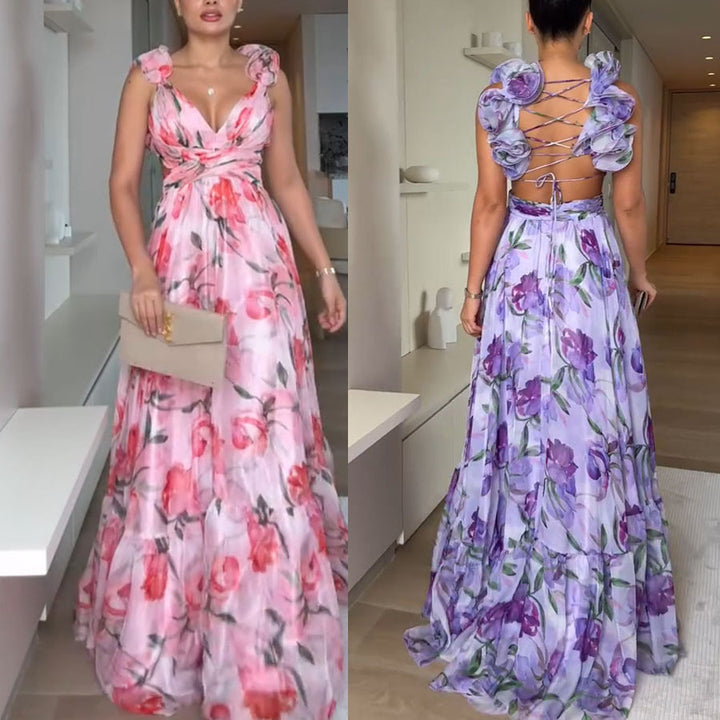 Dame maxikjole med legende floral design og raffineret knude Stiila