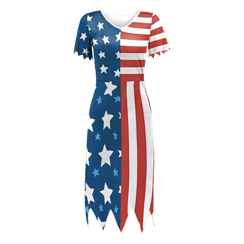 Dame afslappet T-shirt kjole med amerikansk flag mønster og asymmetrisk kant Stilla