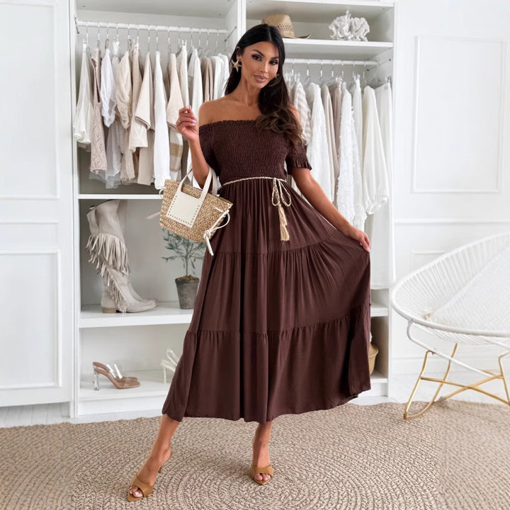 Dame Off-Shoulder Maxikjole med Rynker og Talje Bælte Stilla