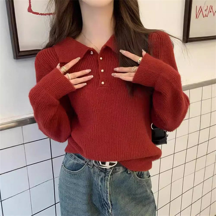 Kvinders sweater med tekstureret polo krave og knapdetaljer Stilla