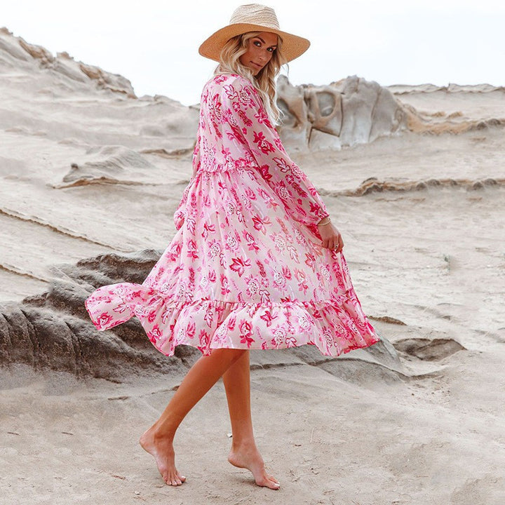Dame Strandkimono med florale flæser Stilla