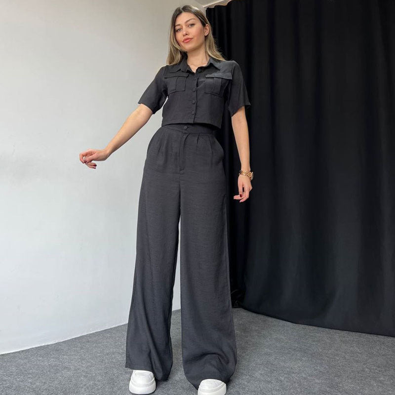 Dame Mode To-delt Sæt med cropped Bluse og vide Bukser Stilla