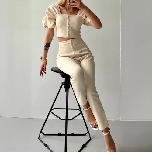 Dame moderigtigt Crop-Top med puffede ærmer og matchende bukser Stilla