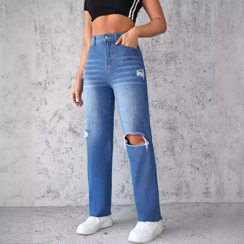 Dame High-Waist jeans med bred ben og ripped-detaljer Stilla