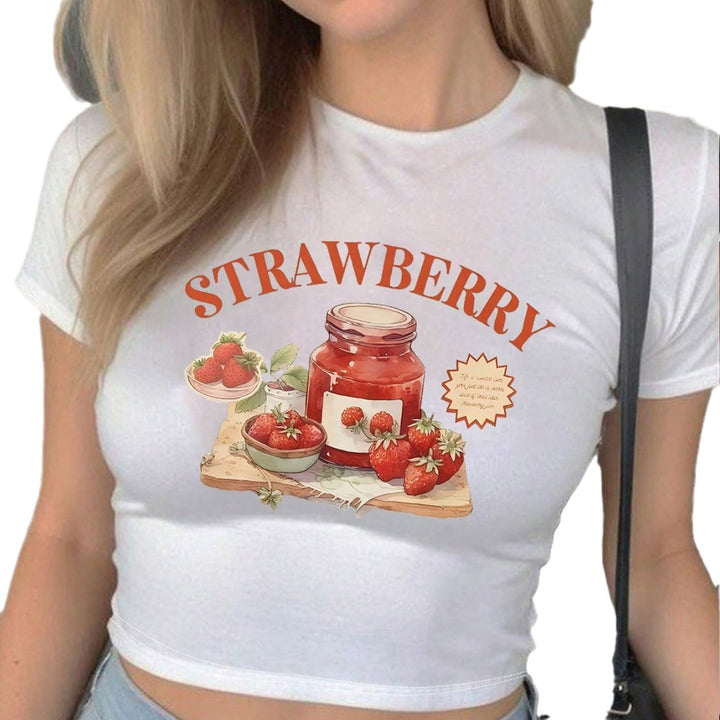 Dame Crop-Top med kreativt jordbær-design og tætsiddende pasform Skovae