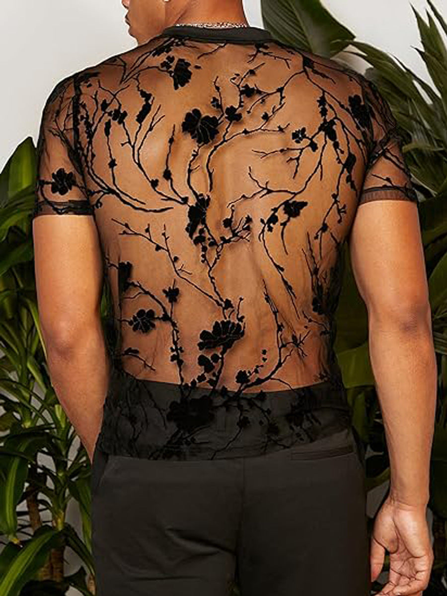 Dame gennemsigtigt T-shirt med blomstermotiv og elastisk krave Stilla