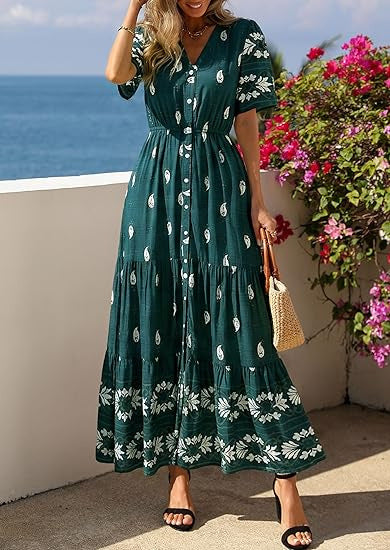 Dame Boho Maxikjole med blomsterprint og taljebelte Skovae