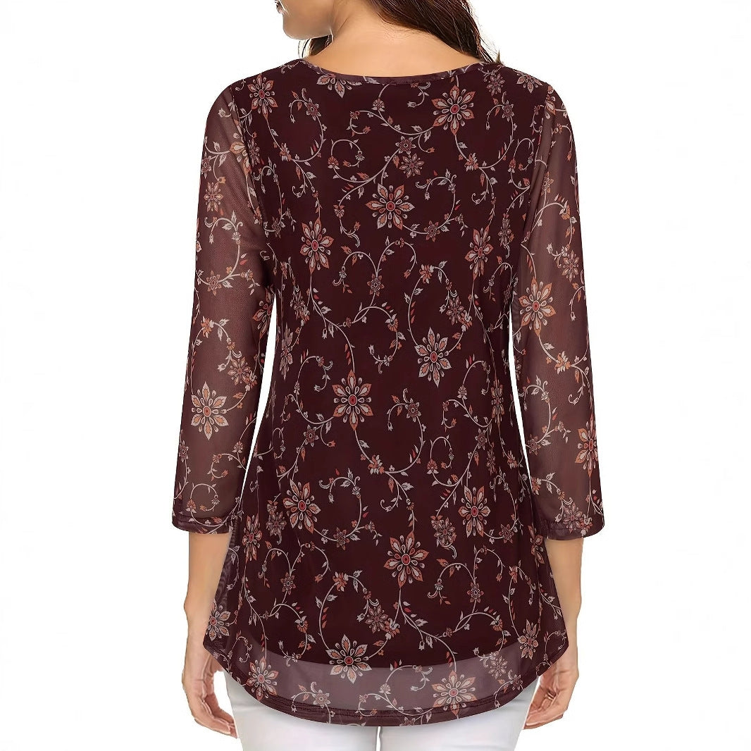 Dame let gennemsigtig bluse med florale applikationer Stilla