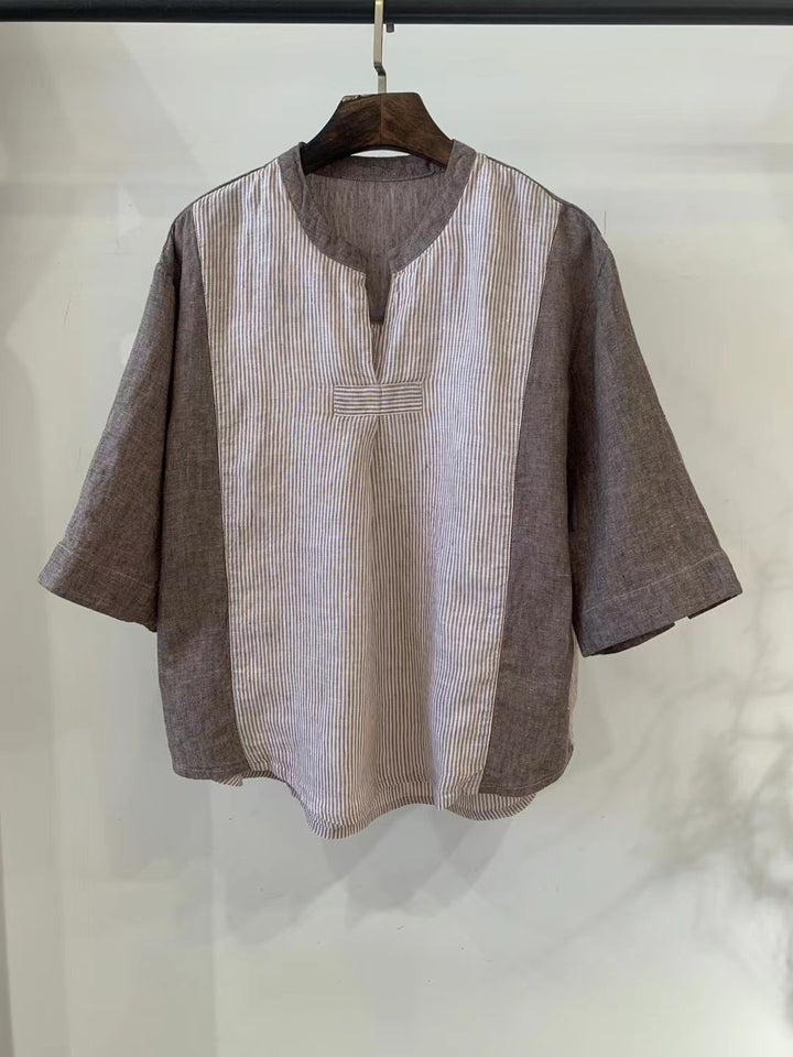 Dame stribet linned blouse med løs pasform og halvlange ærmer Stilla