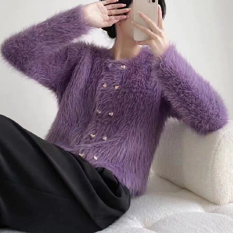 Femme Fluffy Textureret Knaplukning Pullover Stilla