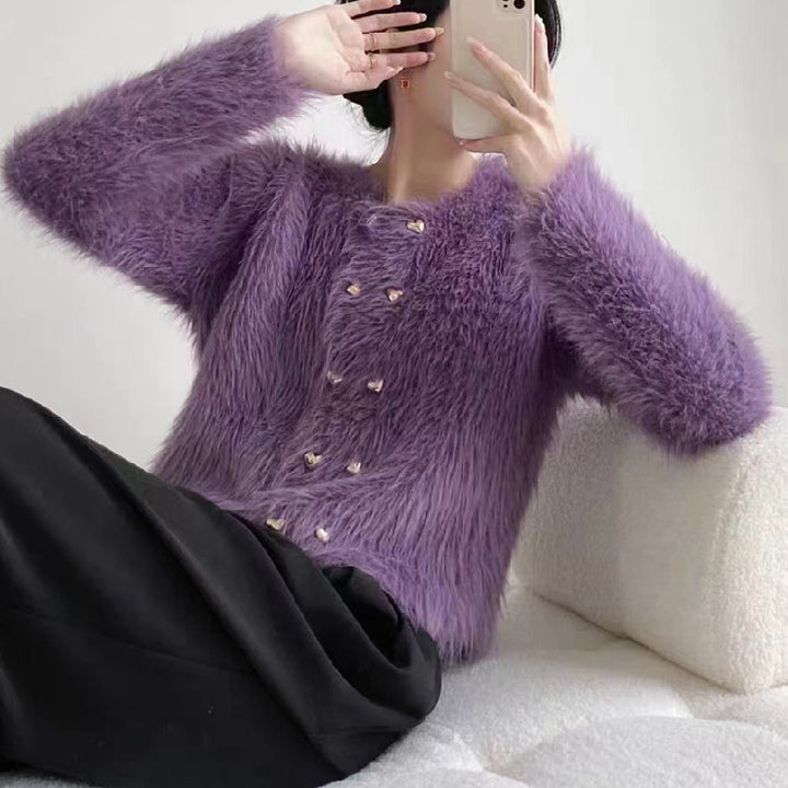 Femme Fluffy Textureret Knaplukning Pullover Stilla