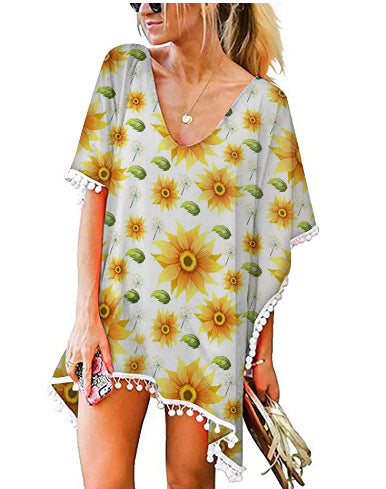 Kvinders strandtunika med blomsterdesign og poncho-stil Stilla