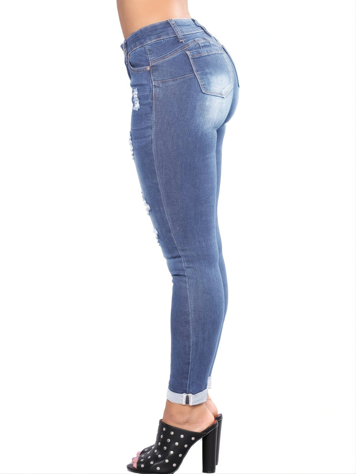 Damer højtaljede skinny jeans i moderne destroyed-look med frynset kant og figurformende design Stilla