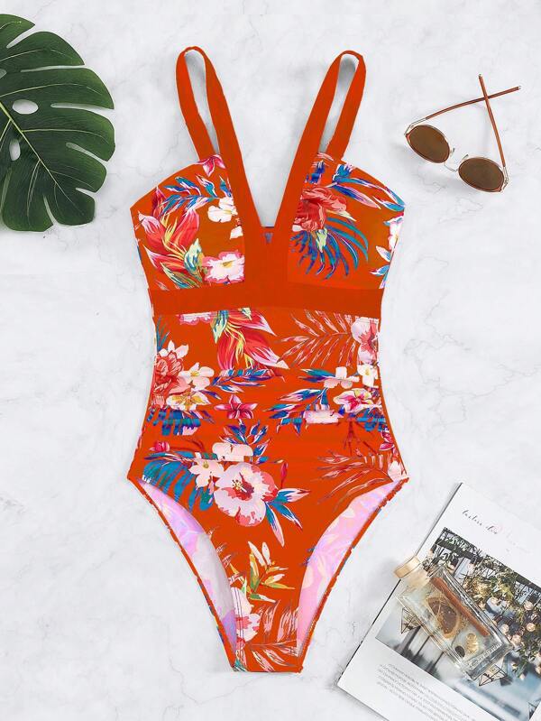 Dame Floral Print V-Hals Enstykket Badedragt Stilla