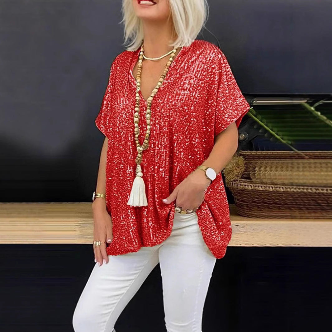 Dame Glitrende Tunika T-shirt med V-hals Stilla