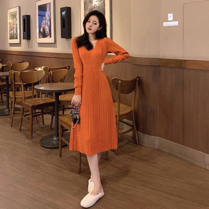 Femme Elegante Ribstrik Maxi Kjole med Knapdetaljer Stilla