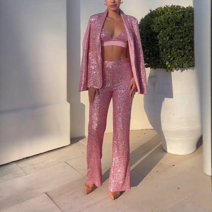 Kvinders to-delt glitrende jumpsuit sæt med elegant blazer og tætsiddende top