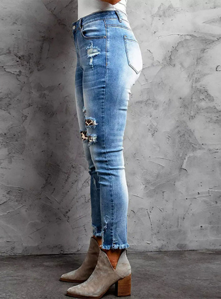 Dame Udvaskede Højtaljede Skinny Jeans med Dyreprint Accenter Stilla