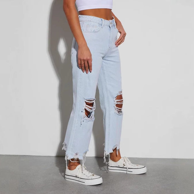 Dame Ripped Wide-Leg Jeans med frynset kant Stilla