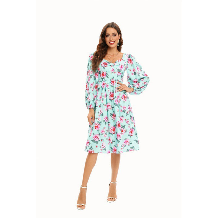 Dame Floral Midi Kjole med Puffærmer Stilla