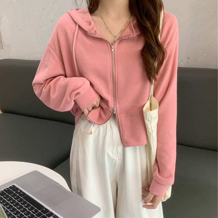 Dame Zip-Up Hættetrøje Crop Sweatshirt med Kængurulommer Stilla