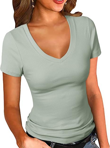 Dame V-hals T-shirt med struktureret overflade Stilla