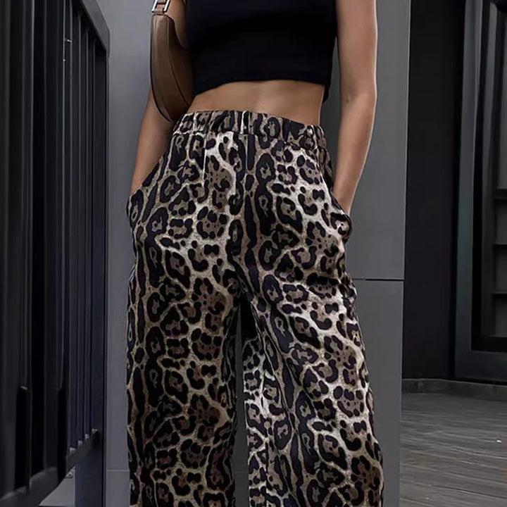 Dame bred linbukser med leopardmønster og elastisk talje Stilla
