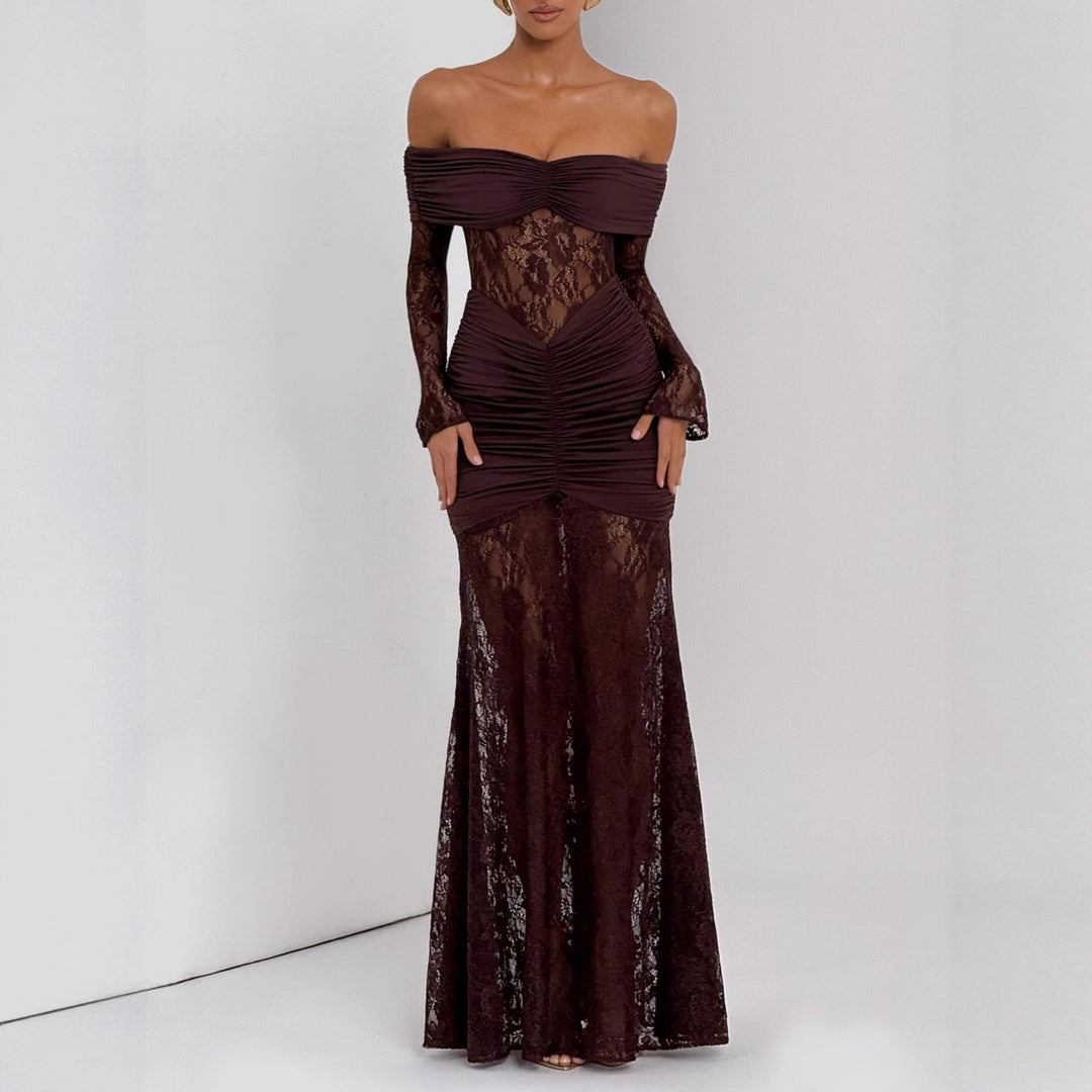 Damer Elegant Spids-Maxikjole med elegant Off-Shoulder Design og Rynker Skovae