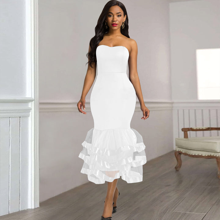 Dame strapless kjole med voluminøs flæsekjole Skovae