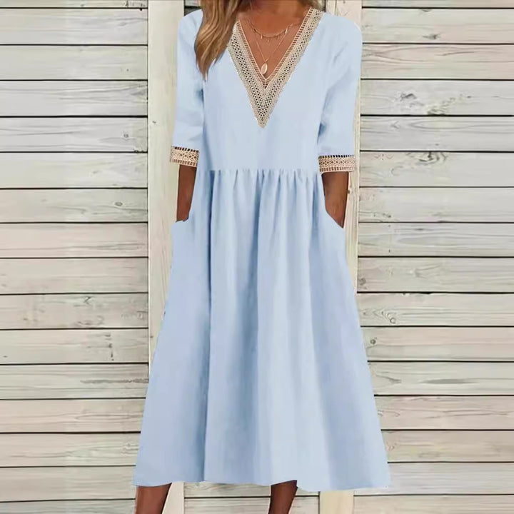 Dame elegant Maxikjole med V-udskæring og blonder Stilla