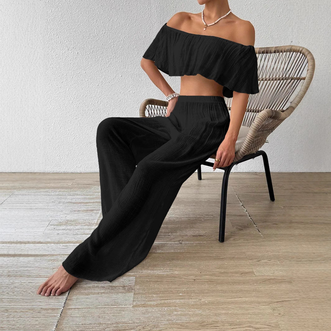 Dame luftig Palazzo-bukser med elastisk talje og off-shoulder bluse Stilla