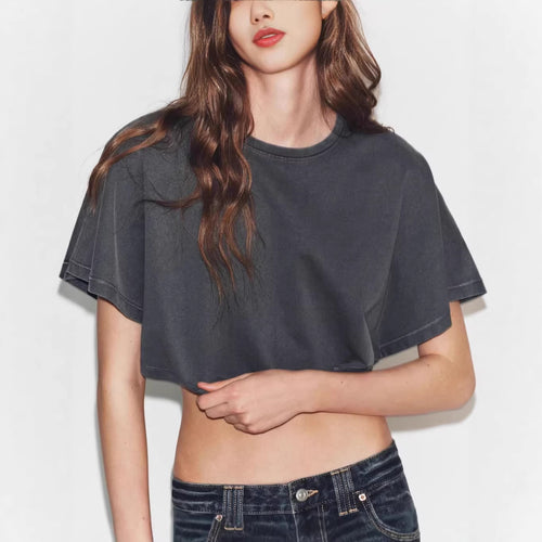 Dame cropped T-shirt med bredt skårne ærmer og blødt bomuldsstof Skovae