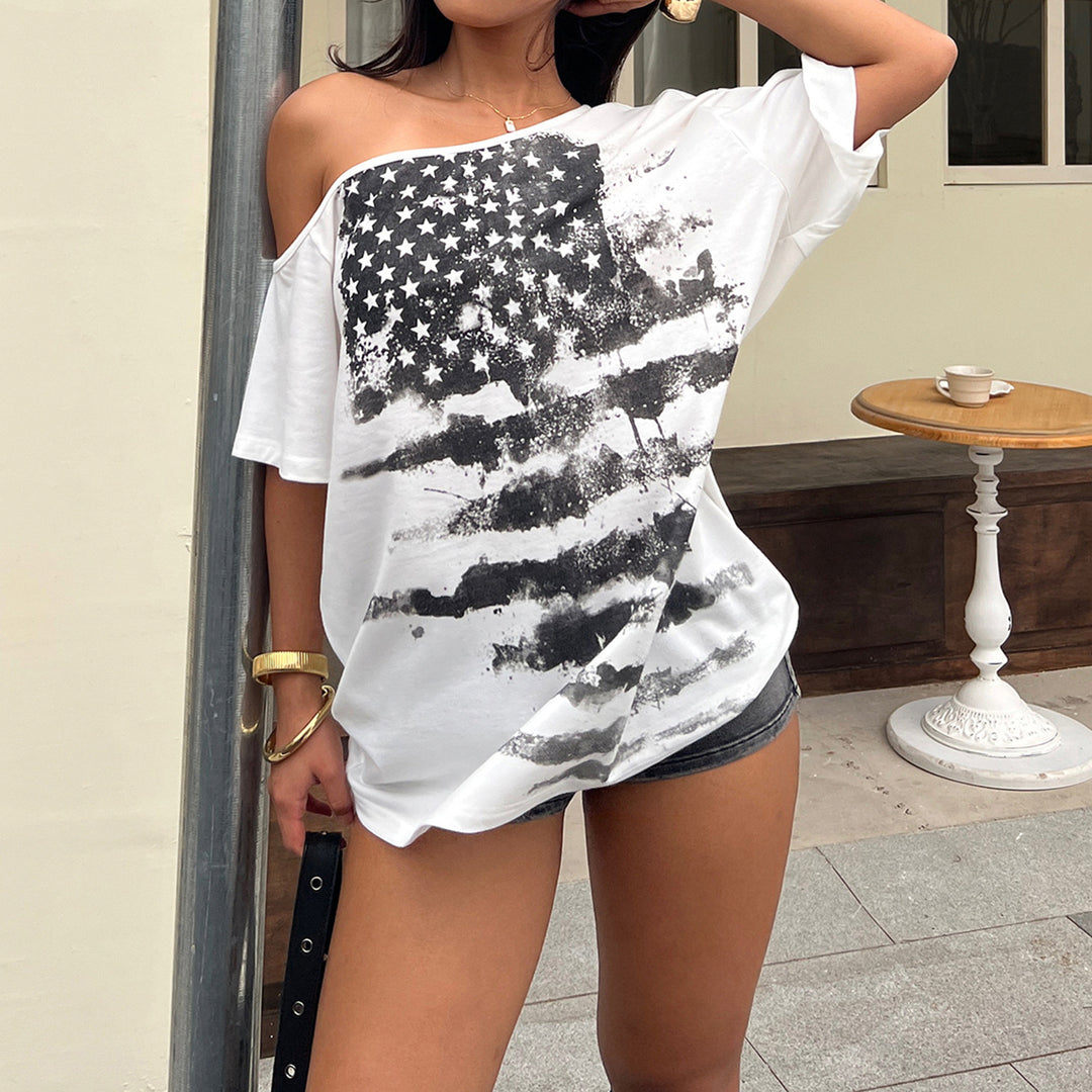 Dame afslappet T-shirt med kreativt stjerne-flag design Skovae