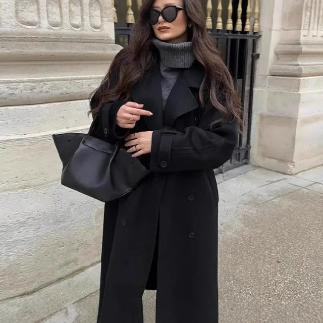 Damer Elegant Lang Trench Coat med Struktureret Standskæde Stilla
