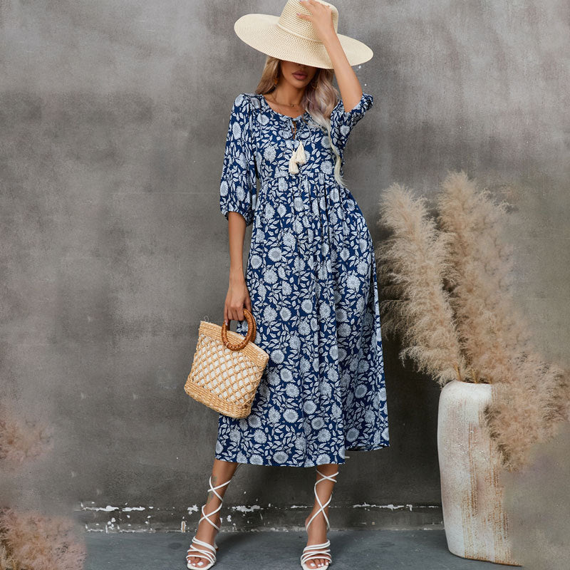 Dame Bohemian Floral Midi Kjole Stilla