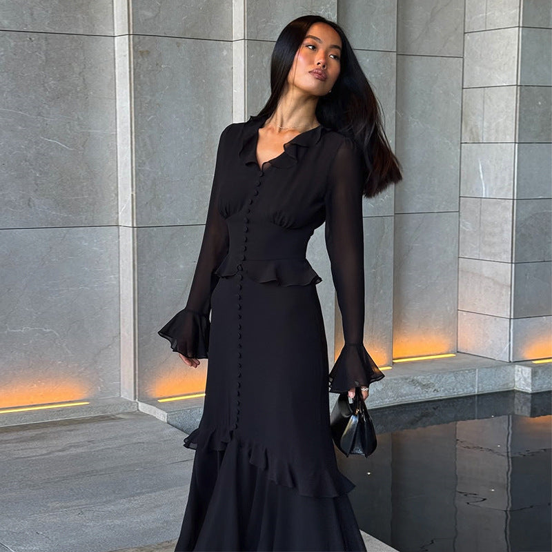 Dame Elegant Maxikjole med Rüschendetails og knappbar overdel Stilla