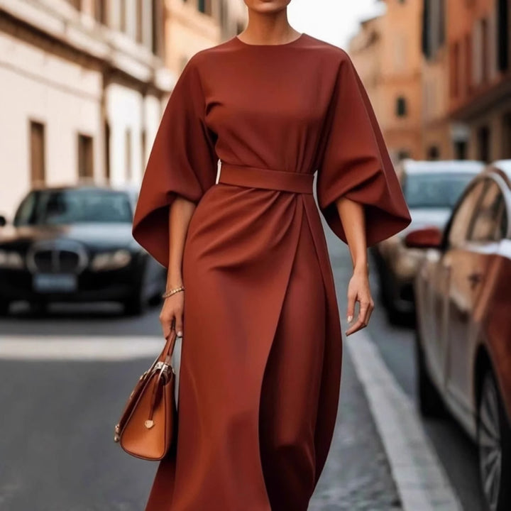 Dame elegant Maxikjole med oversized ærmer og tætsiddende bælte Stilla