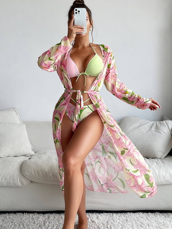 Dame Strandkimono med blomsterdesign og transparent stof Stilla
