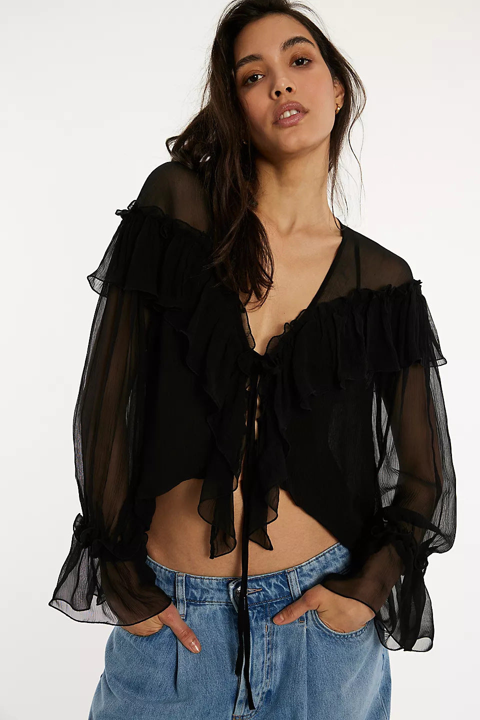Femme Elegante Volant Bluse med Sløjfe-Detail Stilla