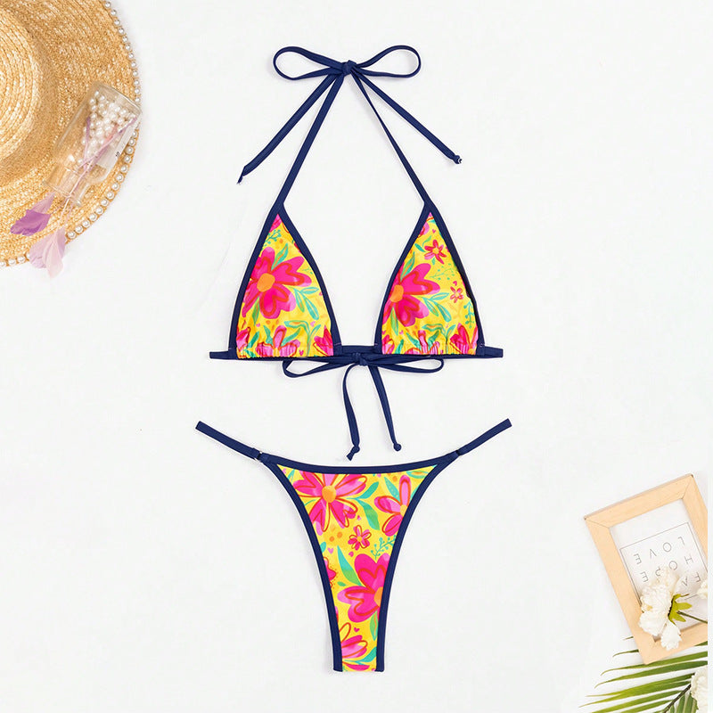 Dame Triangle-Bikini med farverigt blomsterdesign og justerbare bindebånd Stilla