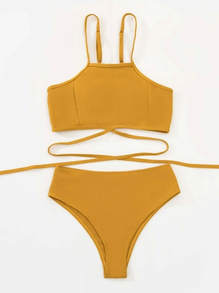 Dame ribbet crop top og højt skårne bikiniunderdel sæt Stilla
