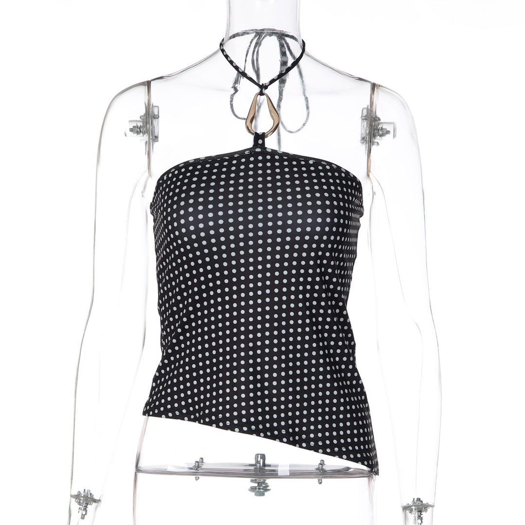 Dame tanktop med asymmetrisk snit og prikkemønster Skovae