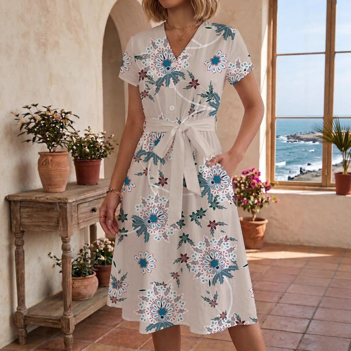 Dame midi kjole med blomsterprint og talje bælte Skovae