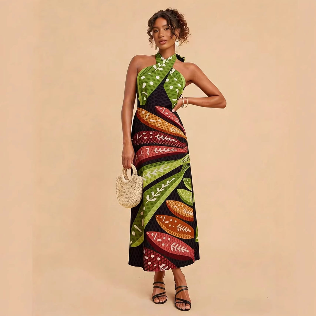 Dame Halterneck Maxi Kjole med Farverig Bladdesign og Flared Snit