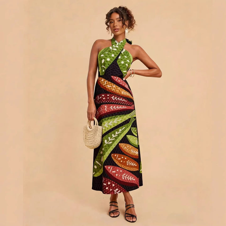 Dame Halterneck Maxi Kjole med Farverig Bladdesign og Flared Snit